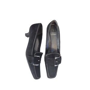 Stuart Weitzman Black Suede Kitten Heels Size 5 Pointed Square Toe Buckle Pumps